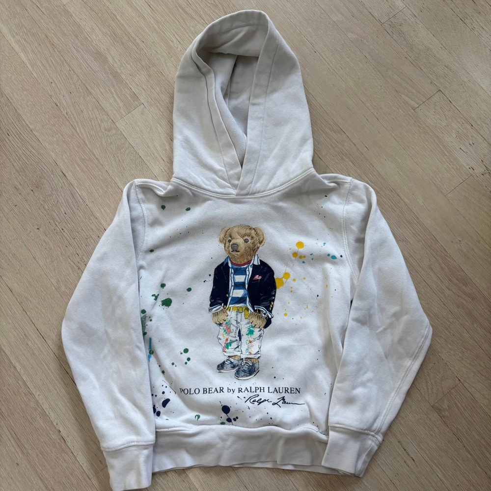 Polo Ralph Lauren Polo Bear Hoodie Boys Size 8 White Paint Splatter Excellent